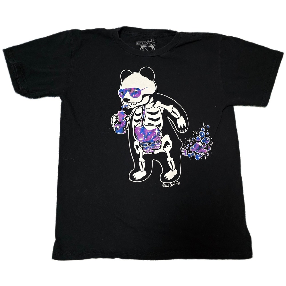 Riot Society Graphic Tee Women LG Black Galaxy Panda Skeleton Short Sleeve (D)